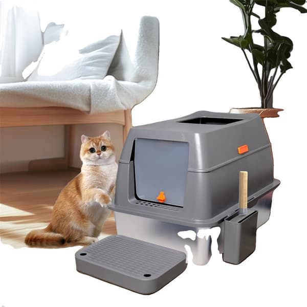 Kattlåda, Lätt att rengöra design, Rymligt inre,Grå och Silver, XL
