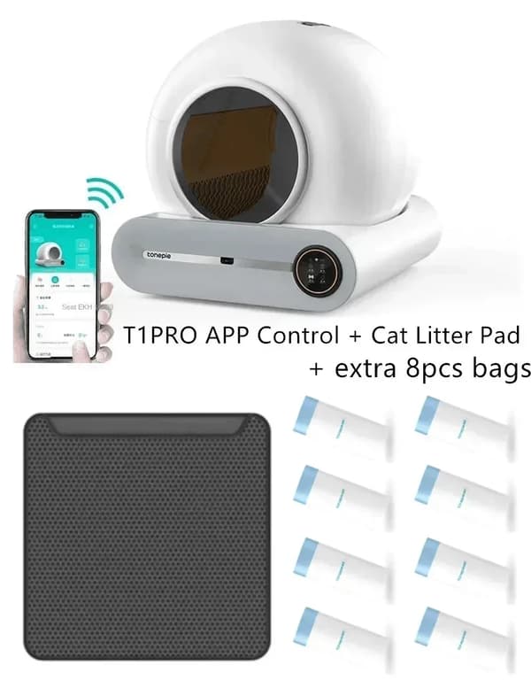 Automaattinen Kissanhiekka-astia, T1PRO APP -ohjaus, Suuri kapasiteetti 65L,EU Plug, 8 pussia ja matto