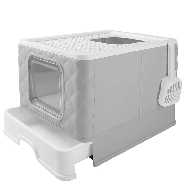 Kattlåda, heltäckande design, enkel åtkomst, hållbar plastkonstruktion,GRÅ
