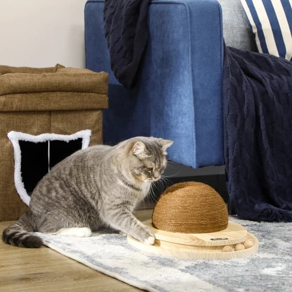 Rootz Interactive Cat Toy - Ridseoverflade - Oval marmorbane - Fyrretræ - Naturlig + Kaffe - 39,5 x 32,5 x 14,5 cm
