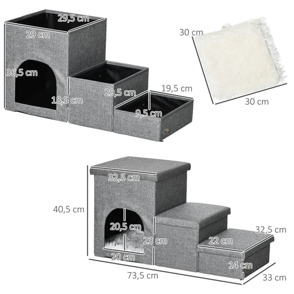 Rootz Pet Stairs - Med Pet Bed - Med dold förvaring - Hund Trappa - Ljusgrå - 73,5 cm x 33 cm x 40,5 cm
