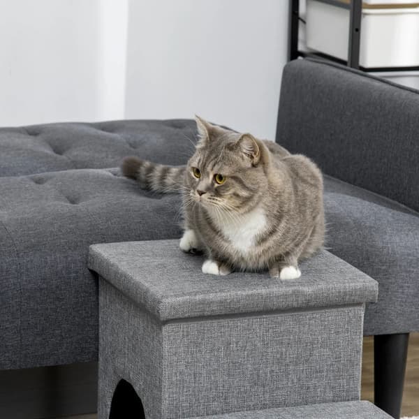 Rootz Pet Stairs - Med Pet Bed - Med dold förvaring - Hund Trappa - Ljusgrå - 73,5 cm x 33 cm x 40,5 cm