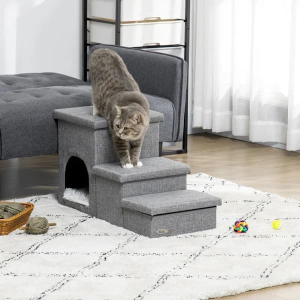 Rootz Pet Stairs - Med Pet Bed - Med dold förvaring - Hund Trappa - Ljusgrå - 73,5 cm x 33 cm x 40,5 cm