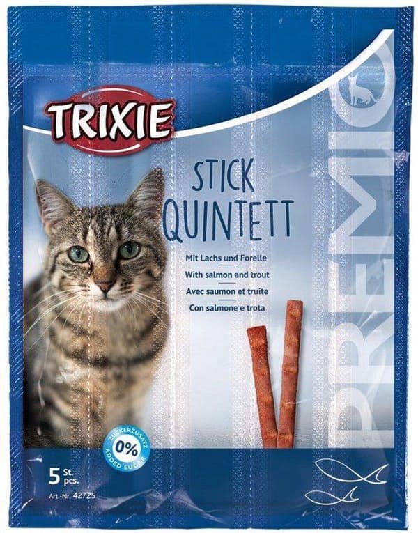 Välipalat Premio Sticks-mustettu lohi taimenen kuivaruoalla-5x5g