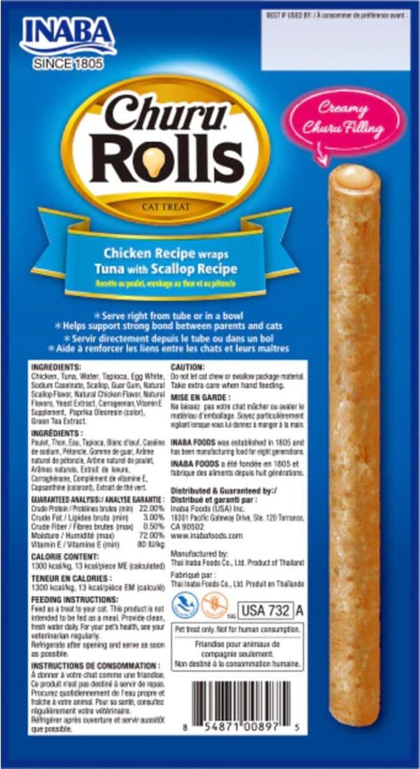INABA Churu Rolls Chicken recept wraps tonfisk med pilgrimsmussla recept - kattgodis - 4x10 g