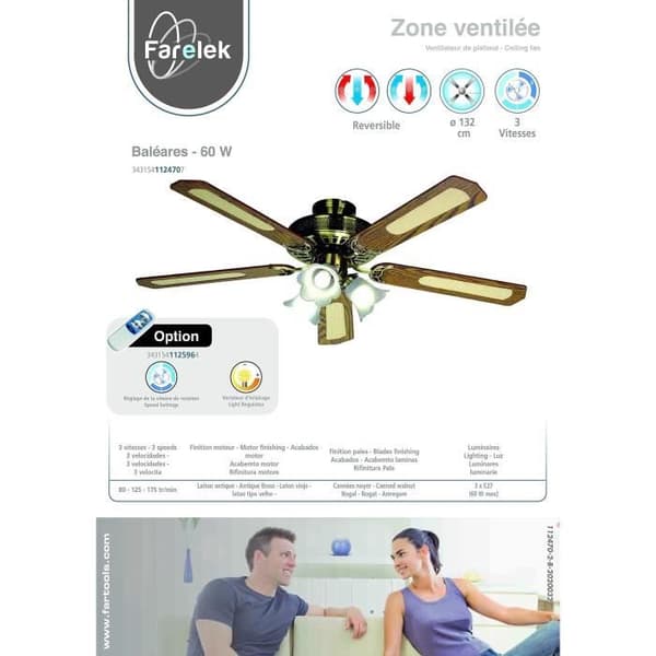 FARELEK - BALEARES Ø 132 cm - Vändbar takfläkt, 5 valnöt- / burkblad + belysning 3 tulpaner 60 watt E27 - 112470