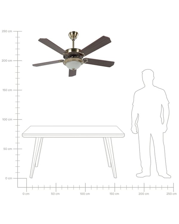 Traditionel loftsventilator med lys guld og mørkt træ, metal 5 blade fjernbetjening