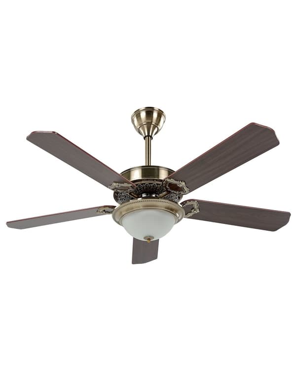 Traditionel loftsventilator med lys guld og mørkt træ, metal 5 blade fjernbetjening