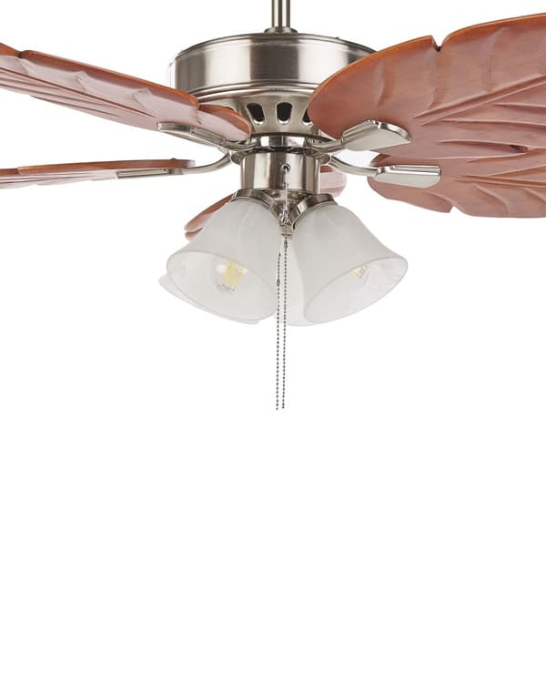 Loftventilator Sølv Metal Lyst Træ og Glas ø 128 x 60 cm Dekorativ Ventilator med Fjernbetjening Blad Formede Vendbare Blade Retro Design