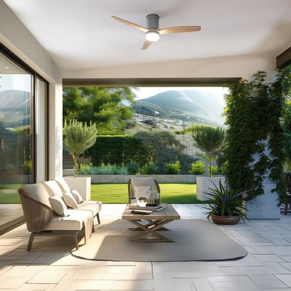 Cecotec 40 W 52" ceiling fan with remote control, Wi-Fi, IP44 protection, 6 speeds, 3 blades, winter-summer mode, and timer up to 8 hours.