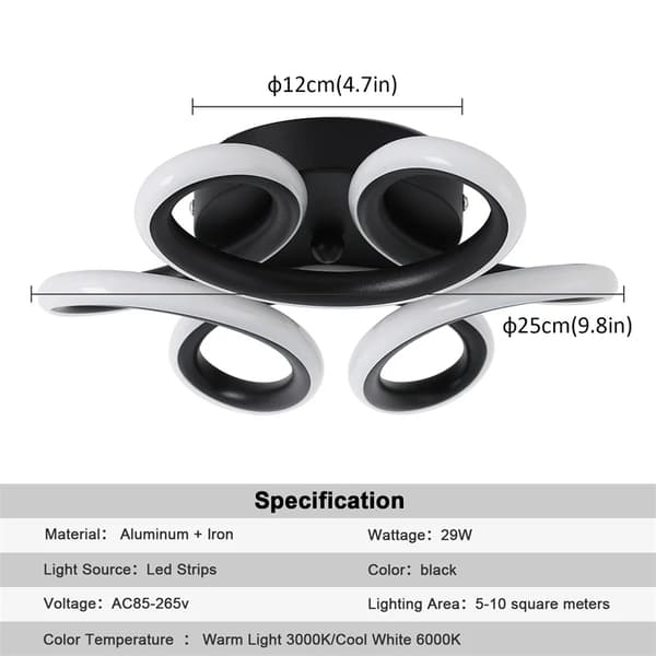 Akryl LED loftlampe, soveværelsesbelysning, overflademonterede plafonnier., Sort, Varm Hvid