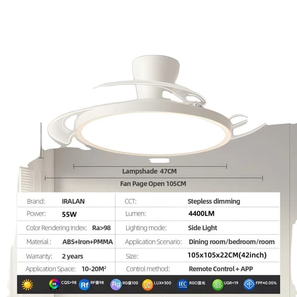 Moderni kattotuulettaja LED-valolla, useilla himmennystiloilla, kaukosäätimellä ja sovelluksella,42 tuumaa, 220V, APP ja RC himmennettävä