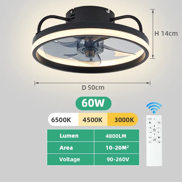 Loftventilatorlampe, 55W/60W effekt, fjernbetjeningsfunktionalitet,Sort 50CM, APP med RC Dæmpbar