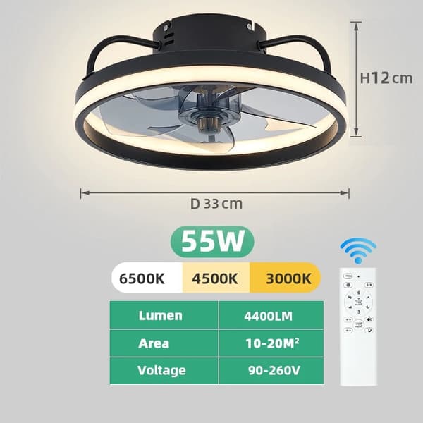 Loftventilatorlampe, 55W/60W effekt, fjernbetjeningsfunktionalitet,Sort 33CM, APP med RC Dæmpbar