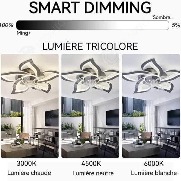 INN Takfläkt med ljus 6 fläkthastigheter med dimbar 3 färgbelysning med fjärrkontroll och APP ventilera taklampa