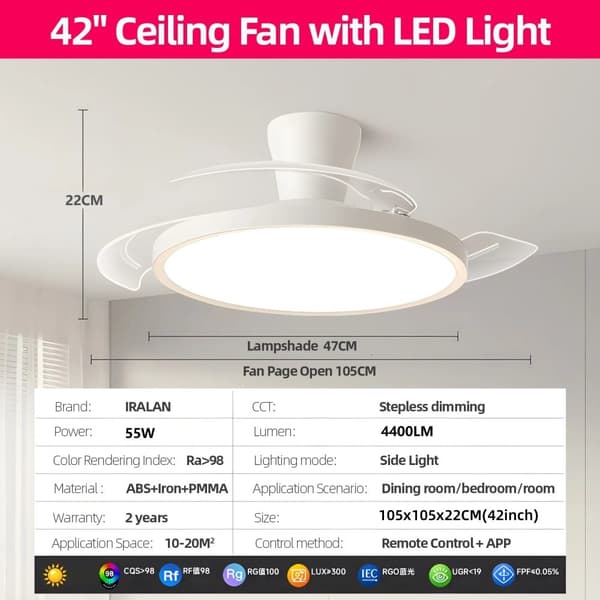 IRALAN Kattotuuletin, 60W Teho, 4800 Lumenia,42 tuumaa