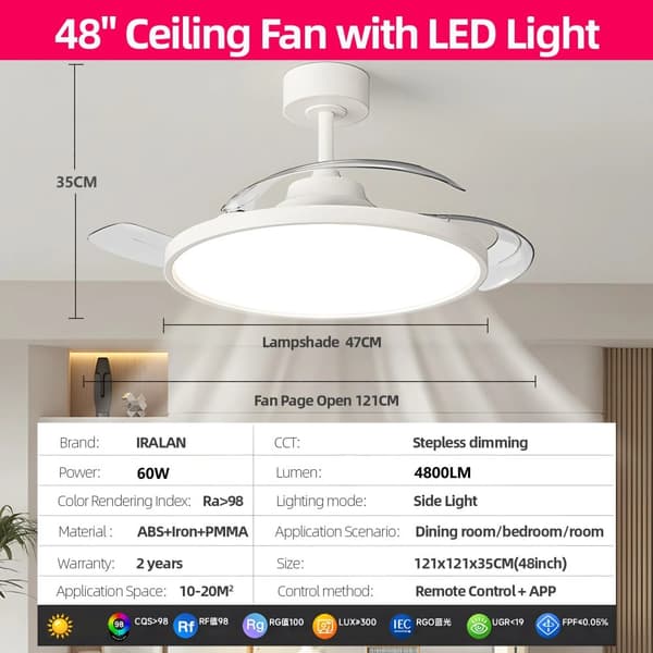 Kattotuuletin LED-valolla, äärettömästi himmennettävä, hiljainen toiminta,220V, APP, jossa on RC himmennettävä, 48 tuumaa