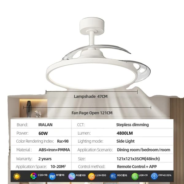 Takfläkt med LED-lampa, Smart kontroll, Tre färgalternativ,48 tum, 220V