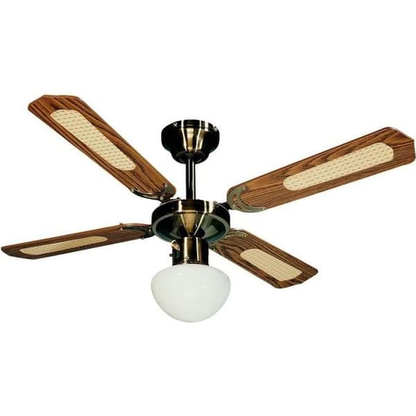 FARELEK - BALI Ø 107 cm - Vendbar loftsventilator i antik messing, 4 sænkede/rillede valnøddeblade + belysning