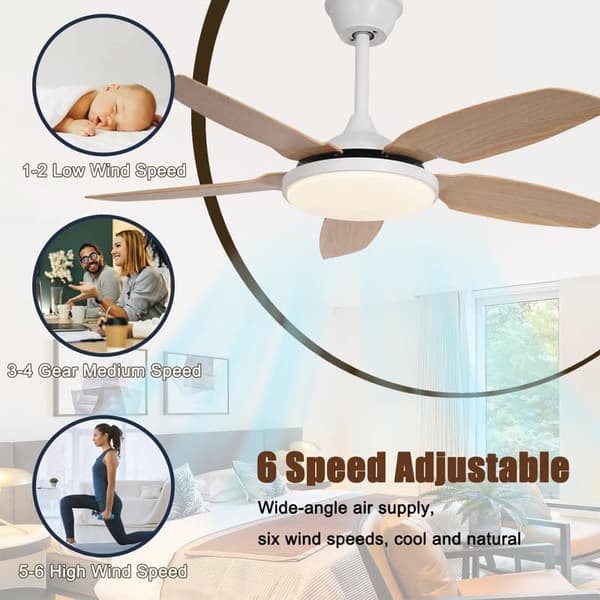 OBOSOE loftsventilator med LED-belysning - 6 hastigheder og dæmpbar belysning | 112cm | Fjernbetjening og vægstyring | Til stue og soveværelse