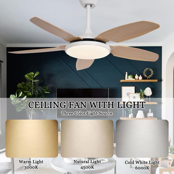 OBOSOE loftsventilator med LED-belysning - 6 hastigheder og dæmpbar belysning | 112cm | Fjernbetjening og vægstyring | Til stue og soveværelse