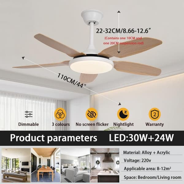 OBOSOE loftsventilator med LED-belysning - 6 hastigheder og dæmpbar belysning | 112cm | Fjernbetjening og vægstyring | Til stue og soveværelse