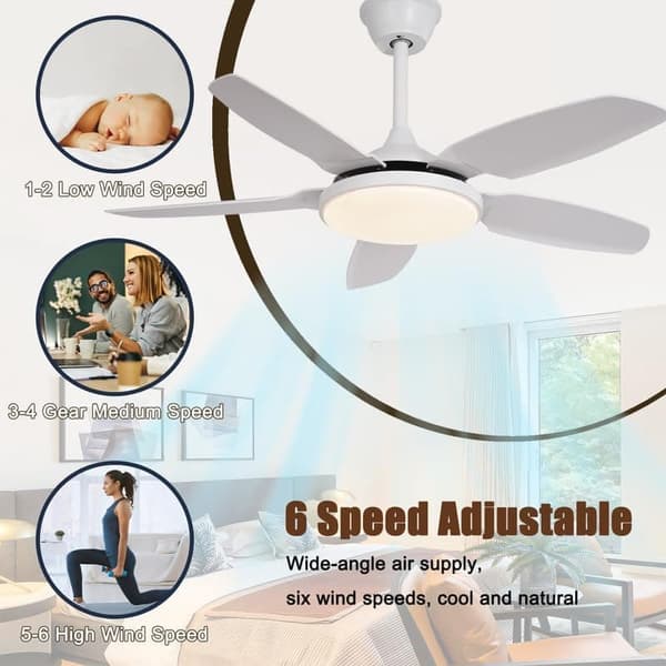 OBOSOE Moderne loftsventilator med LED-lys – dæmpbar belysning og 6 hastigheder | Vinter/sommer-funktion | 112 cm | Fjernbetjening + vægkontrol
