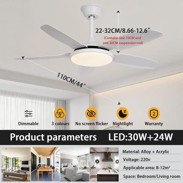 OBOSOE Moderne loftsventilator med LED-lys – dæmpbar belysning og 6 hastigheder | Vinter/sommer-funktion | 112 cm | Fjernbetjening + vægkontrol