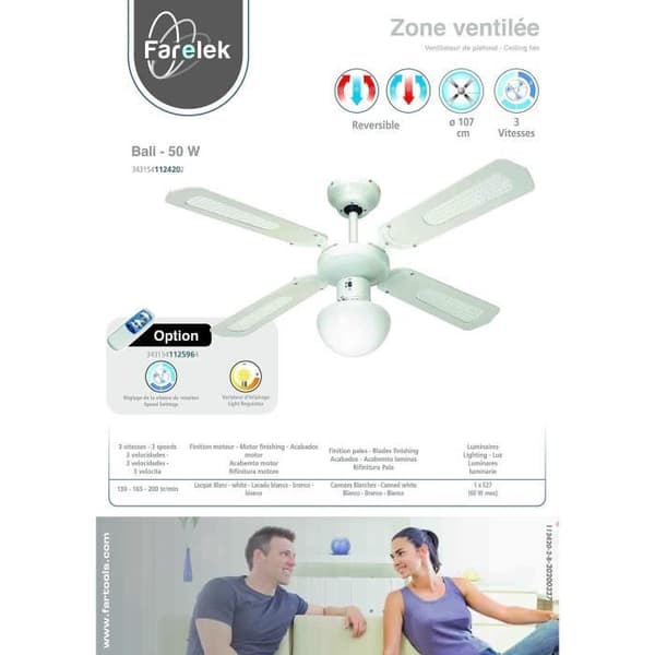 FARELEK BALI vendbar loftsventilator - Ø 107 cm, 4 hvide/hvide rørblade + belysning - 112420