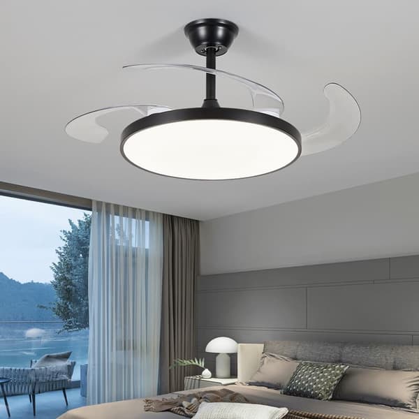 OBOSOE loftsventilator 42W 95cm lydløs med udtrækkelige blade LED-belysning fjernbetjening Sort