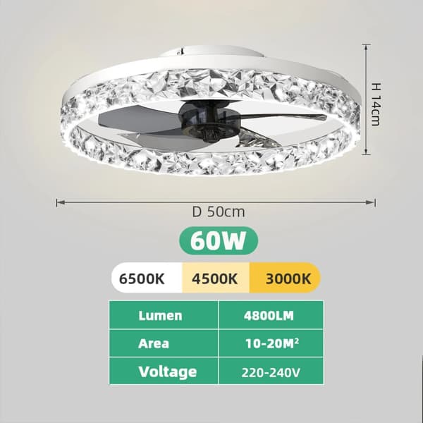 LED Takfläktlampa, 60W Effekt, Dubbel Vindläge,APP med RC Dimmable, VIT