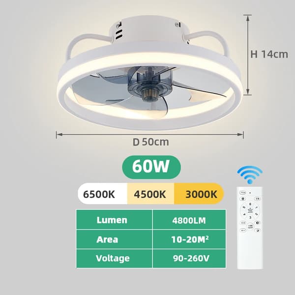 Kattotuulettimen lamppu, 55W/60W teho, kaukosäätötoiminto,Valkoinen 50CM, Sovellus RC himmennettävä
