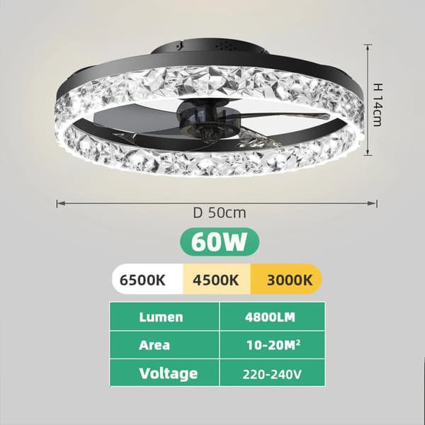 LED-kattotuulettimen valo, 60W teho, äärettömästi himmennettävä,musta, APP, jossa on RC himmennys