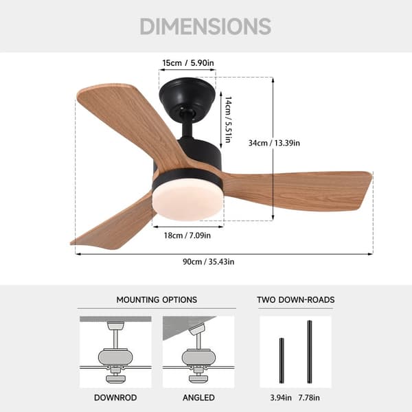 Takfläkt med LED-lampa, fjärrkontroll, dimbara funktioner,110-240V, 36 tum