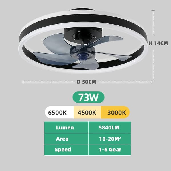 Takfläkt med ljus, 73W effektförbrukning, 5840LM ljusstyrka,svart, APP med RC Dimmable
