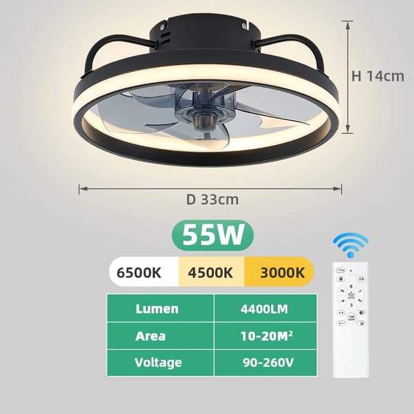 Modern takfläkt med LED-lampa, 55W/60W effekt, stark belysning,svart 33 cm