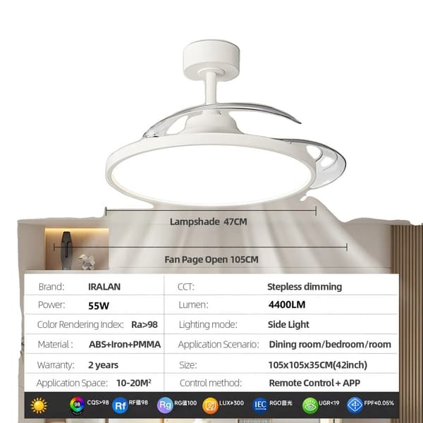 Takfläkt med LED-lampa, 60W effekt, 4800LM ljusstyrka,220V, 42 tum