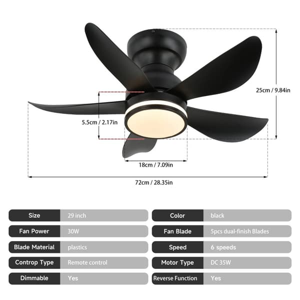 Takfläkt med LED-lampa, fjärrkontroll, dimbara funktioner,110-240V, 29 tum RBG