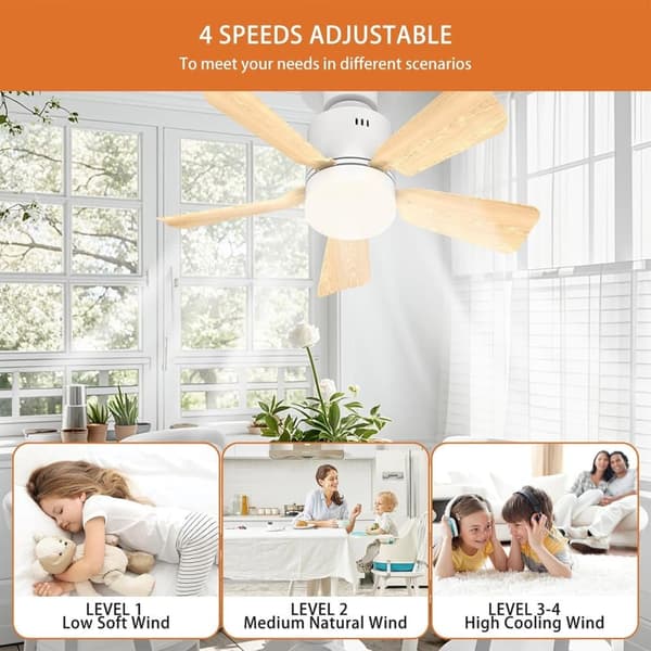 OBOSOE puutekoinen kattotuuletin LED - himmennettävä, 4 nopeutta, 3 valolämpötilaa, E27, kaukosäädin (45 cm)