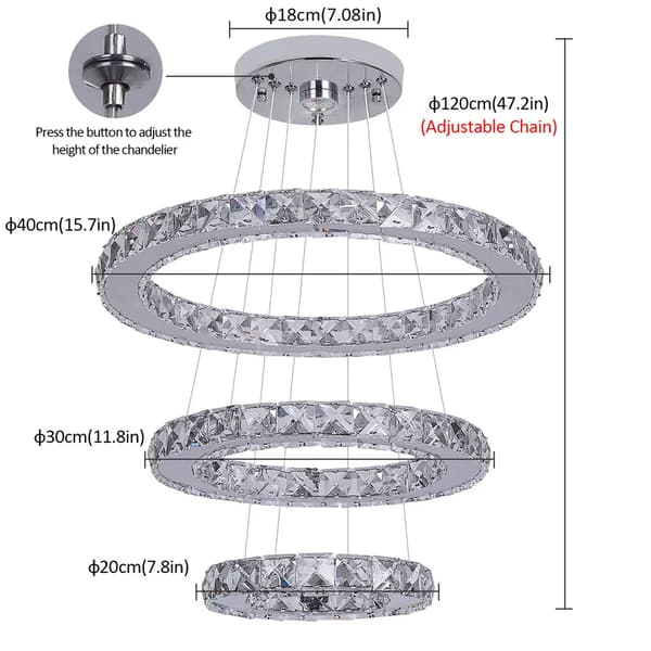 Krystal krone, moderne design, LED vedhæng lys, 3rings D20xD30xD40cm, Udskiftelig