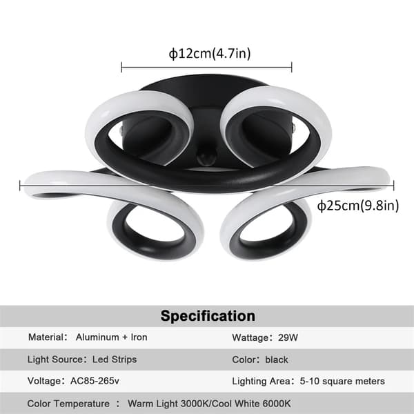 Akryl LED-taklampa, sovrumsljus, ytmontage plafonniers, Svart, Kallvit