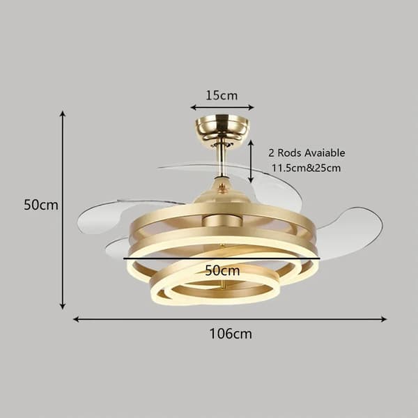 Kattotuuletin LED-valolla, kaukosäätötoiminto, himmennettävä ominaisuus,Kolmivärinen himmennys RC, kultainen