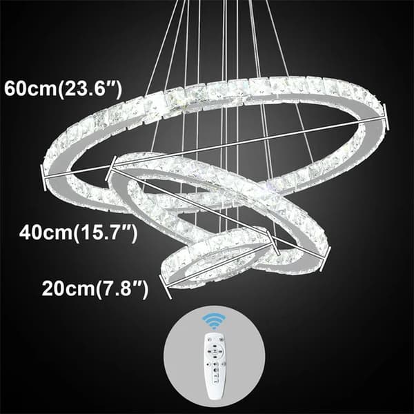 Krystal lysekrone, LED-belysning, Fjernbetjening, 3Rings D20 40 60cm, ændrbar ved knap