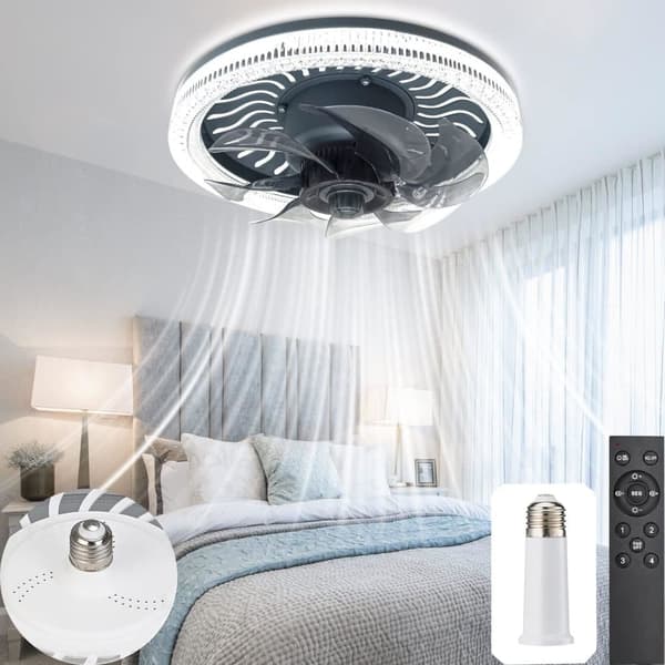 OBOSOE loftsventilator dæmpbar loftslampe lydløs ventilatorlampe, med fjernbetjening Sort S2(9,5 cm förlängningsstång)