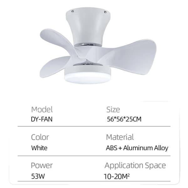 Takfläkt, 56 cm storlek, 53W effekt, dimbar LED-lampa,VIT