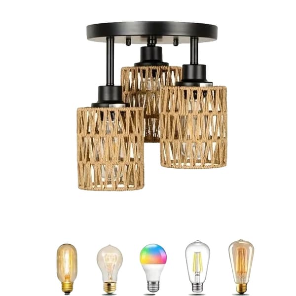Kronljus, Vintage Stil, Bambuskärm, Justerbar Kedjelängd,3-Lampor, Ingen Lampa