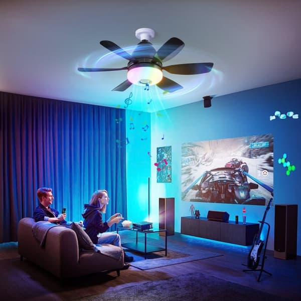 OBOSOE Takfläkt med lampa och högtalare, tyst plafondfläkt med RGB, fjärrkontroll, 3 hastigheter