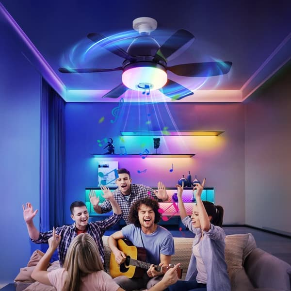OBOSOE Takfläkt med lampa och högtalare, tyst plafondfläkt med RGB, fjärrkontroll, 3 hastigheter