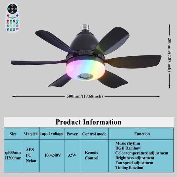 OBOSOE Takfläkt med lampa och högtalare, tyst plafondfläkt med RGB, fjärrkontroll, 3 hastigheter