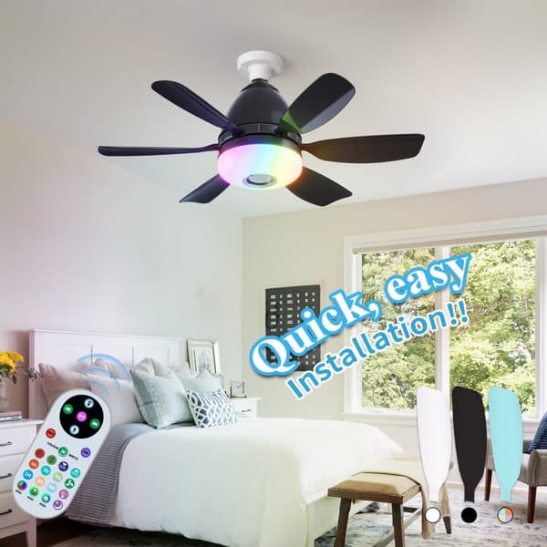 OBOSOE Takfläkt med lampa och högtalare, tyst plafondfläkt med RGB, fjärrkontroll, 3 hastigheter